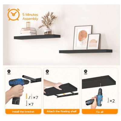2-Pack Floating Wall Shelves Black 24x8x1.5" Invisible Brackets, Modern Storage