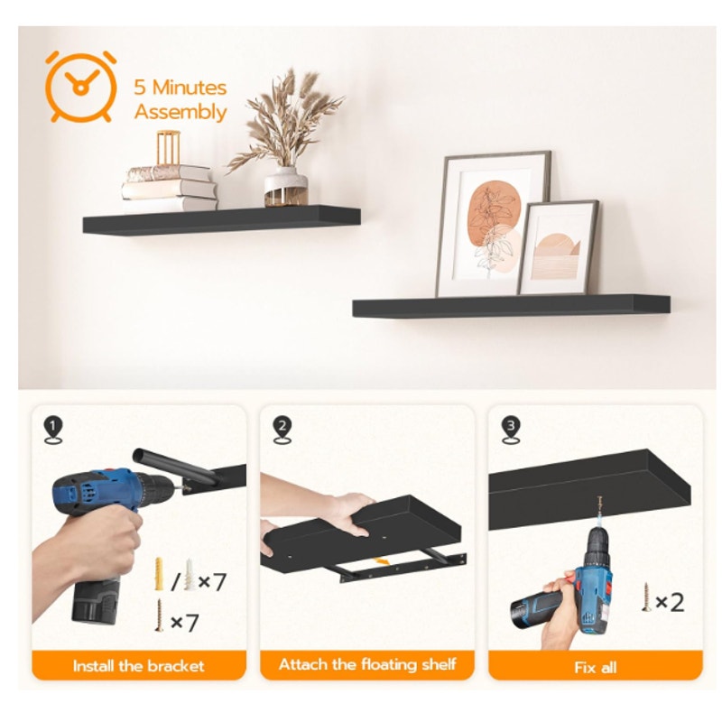 2-Pack Floating Wall Shelves Black 24x8x1.5" Invisible Brackets, Modern Storage