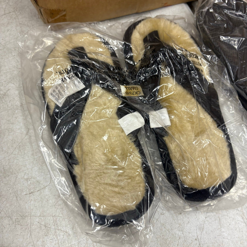 LOT-OF-24 Fireside Flip Flops SMALL, Fur Lining, Rubber Bottom - Black / Tan