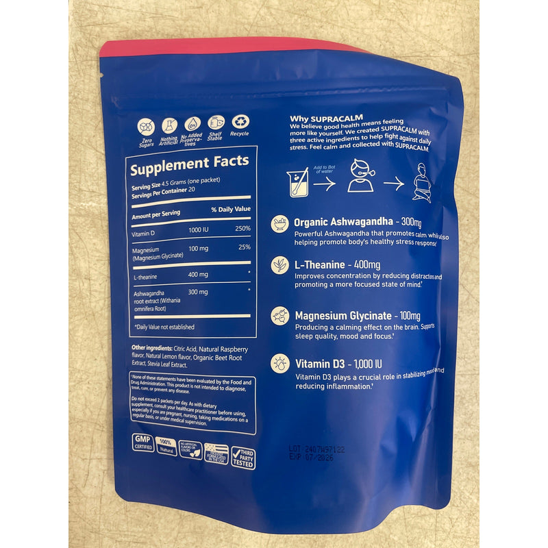 Supracalm Powdered Drink Packets 20 Relaxation/Focus No Sugar/GMO Rasp Lemonade