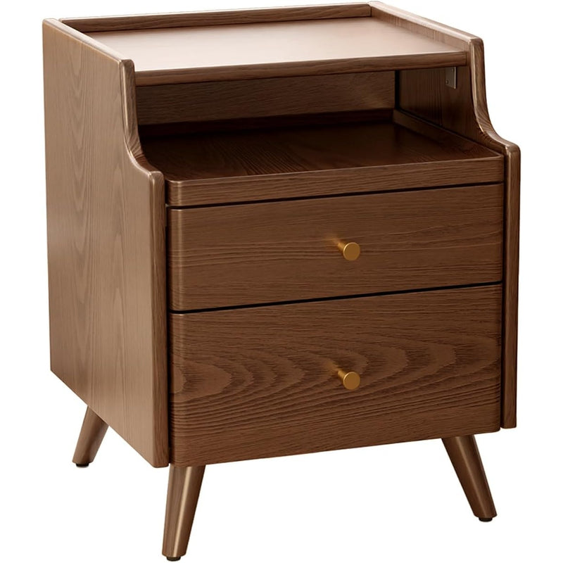 KASLANDI Solid Wood Nightstand with 2 Drawers & 2 Tier Shelf - Brown with Legs