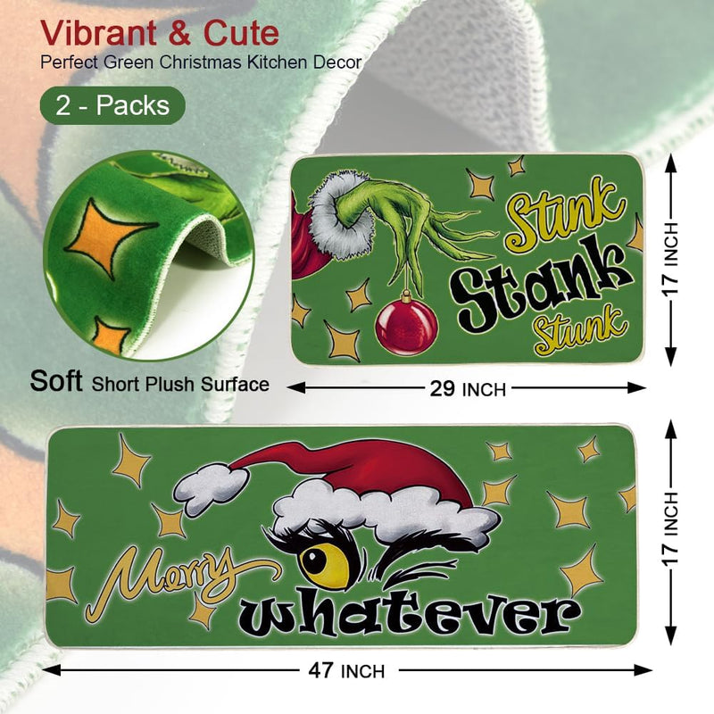 Set-of-2 Grinch Christmas Floor Mats, Non-Slip Soft Washable, Holiday Decor