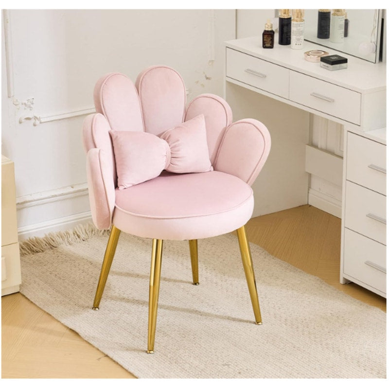 VINGLI Petal Makeup Vanity Chair with Back, Gold Legs & Bow Pillow - Pink