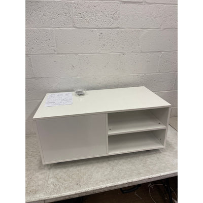 38" Wood Coffee Table TV Stand w Storage, 3 Shelves, 4 Rotating Casters, White