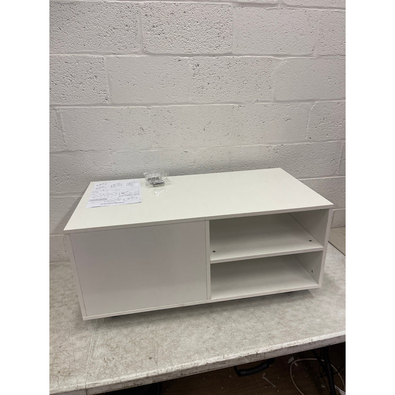 38" Wood Coffee Table TV Stand w Storage, 3 Shelves, 4 Rotating Casters, White