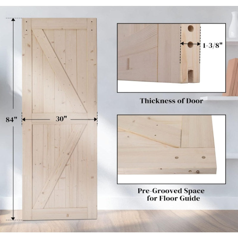 VINGLI 30"X84" Barn Door, 5.5ft Sliding Door Solid Wood, Tan with Hardware