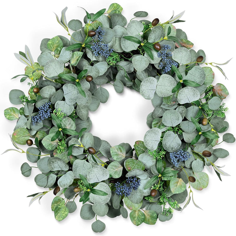 24-Inch Eucalyptus Door Wreath with Olive Leaves & Berries - Green