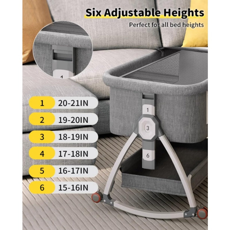Bedside Baby Bassinet, 4 in 1 Portable Bassinet w Wheels, Adjustable Height Grey