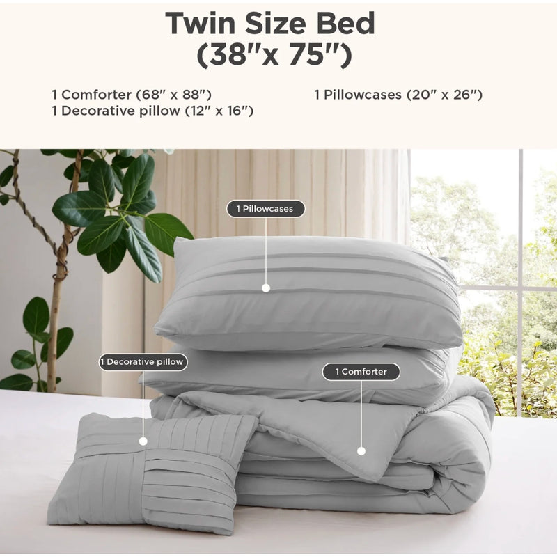 Cozy Comfort Twin Comforter Set, 3 Piece Stripe Pleat Bedding Set - Gray