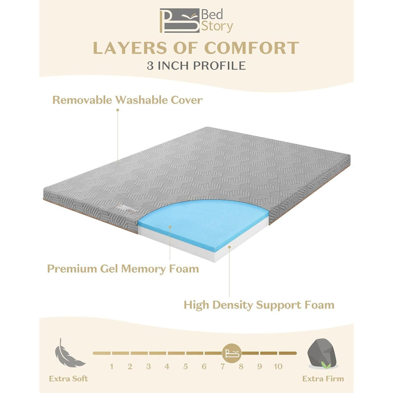 BedStory Firm Mattress Topper (Full) 3in Memory Foam; Removable Cover - Gray