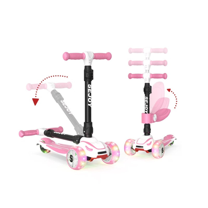 Sejoy Kids Kick Scooter 3-Wheel Light Up Foldable, Adjustable Seat - Pink