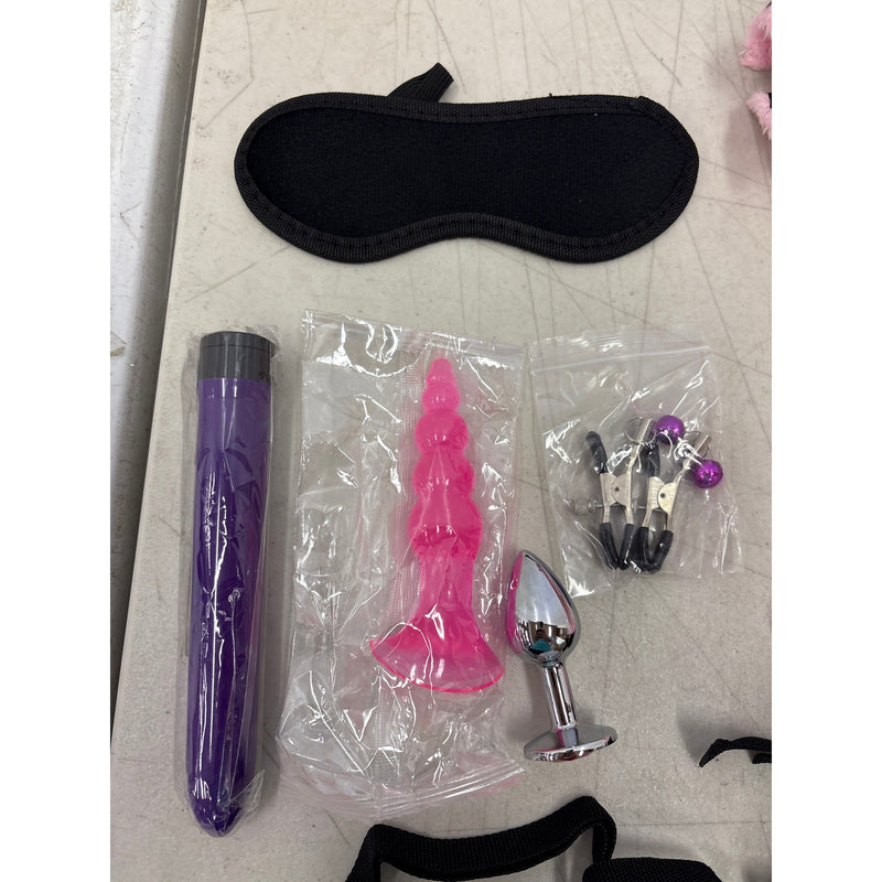 Bondage Kit Adult Handcuffs Ball Gag Nipple Clamps Blindfold Vibrator Plug Whip
