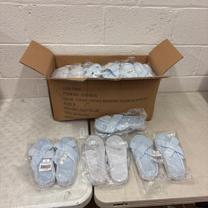 LOT-OF-24 Criss Cross Slippers SMALL, Memory Foam, Rubber Bottom - Blue / White