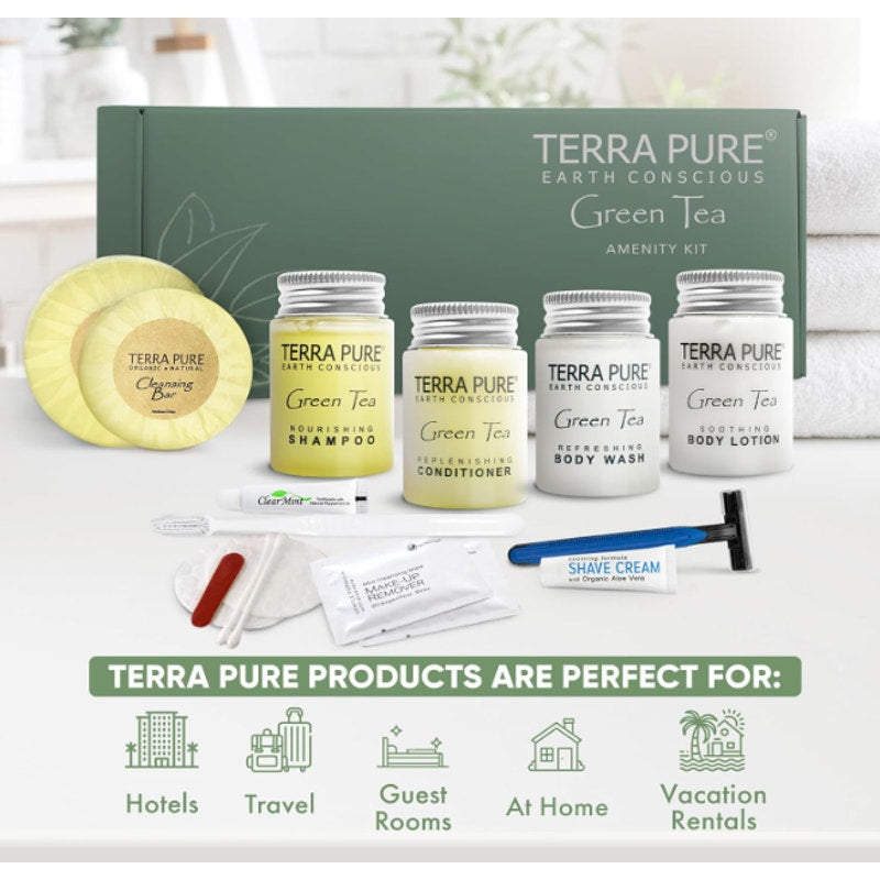 15-PACK Terra Pure Green Tea Amenity & Accessory Kit, Travel Size Bath/Body Kit