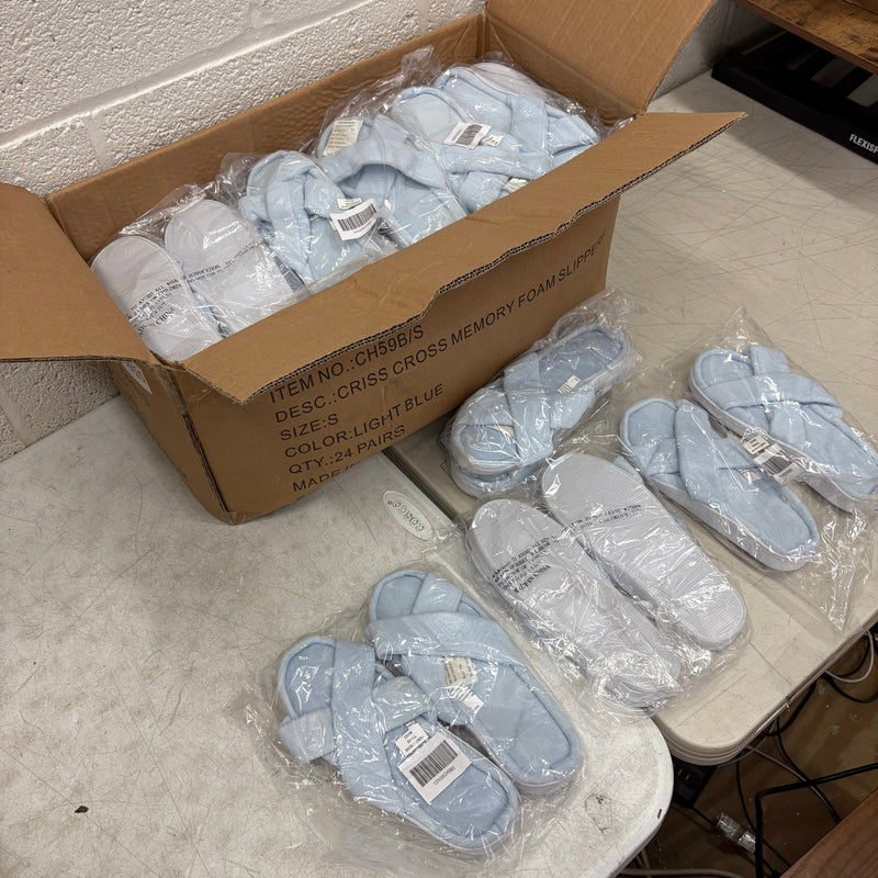 LOT-OF-24 Criss Cross Slippers SMALL, Memory Foam, Rubber Bottom - Blue / White