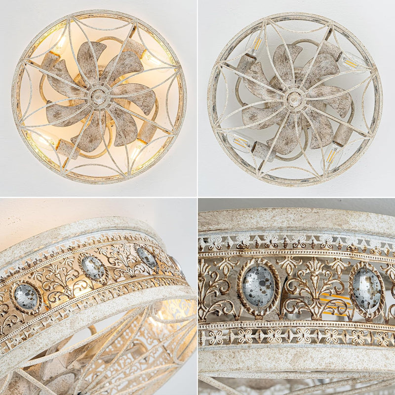 Vivlite Vintage Ceiling Light & Fan w Remote, 18" Flush Mount Antique White