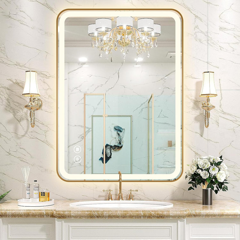 TheiaMo Rectangular LED Lighted Bathroom Mirror, 32"x20" - Gold Frame