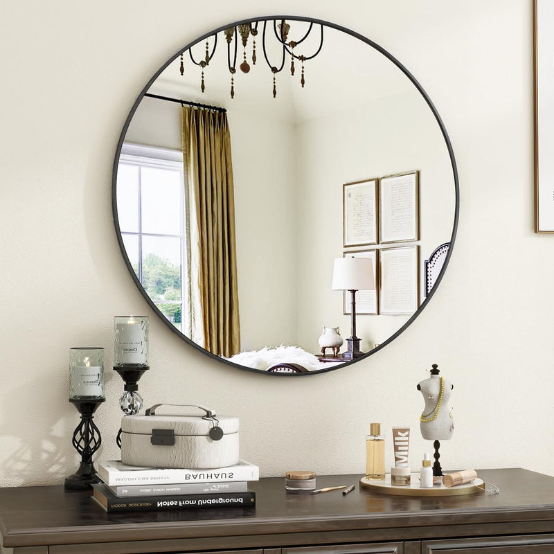 VooBang Round Mirror (20in) Wall Mounted, Simple & Modern, Metal Frame - Black