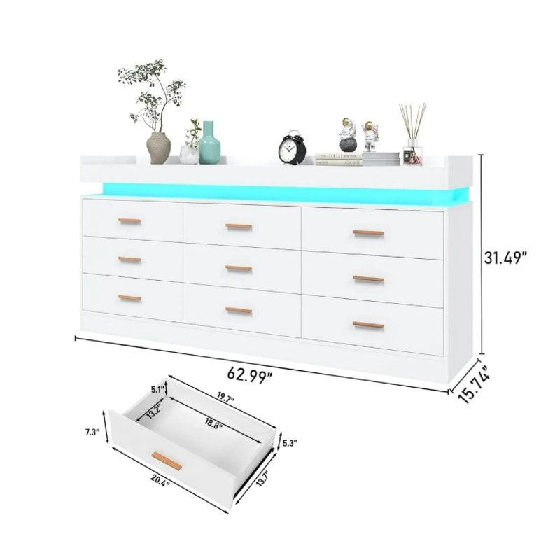 ChVans White Dresser w LED Light & Charging Station, Modern Wood Dresser, READ