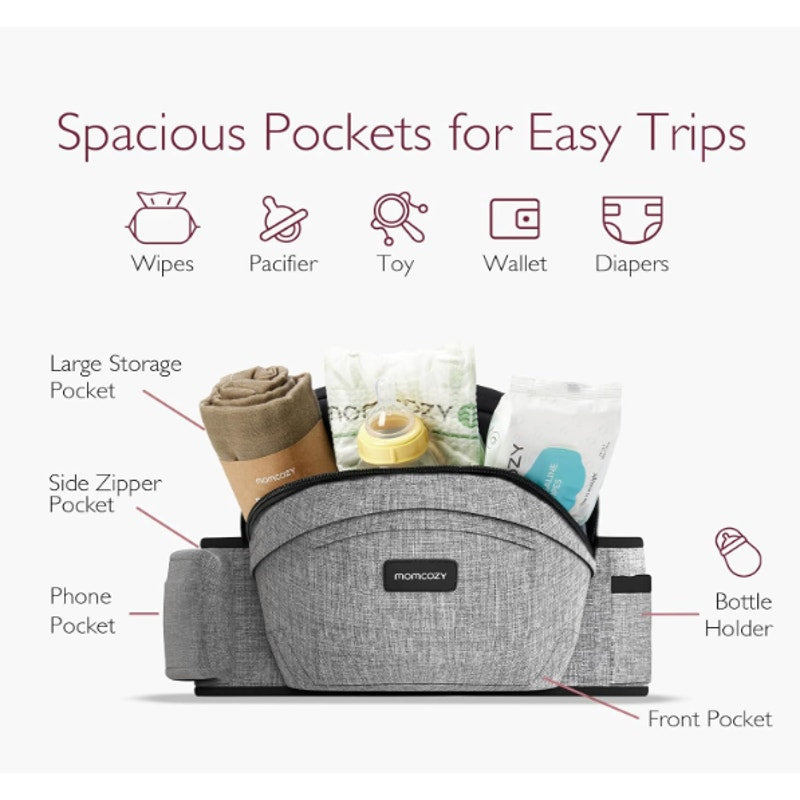 Momcozy Hip Seat Baby Carrier Adjustable Waistband, Gray, Sz Large Waist 40"-55"