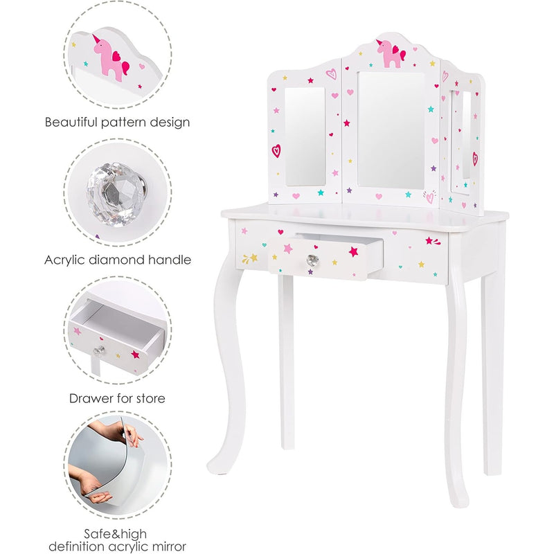 UTEX Pretend Play Kids Vanity Table & Chair Vanity Set w Mirror 39" x 24" x 12"