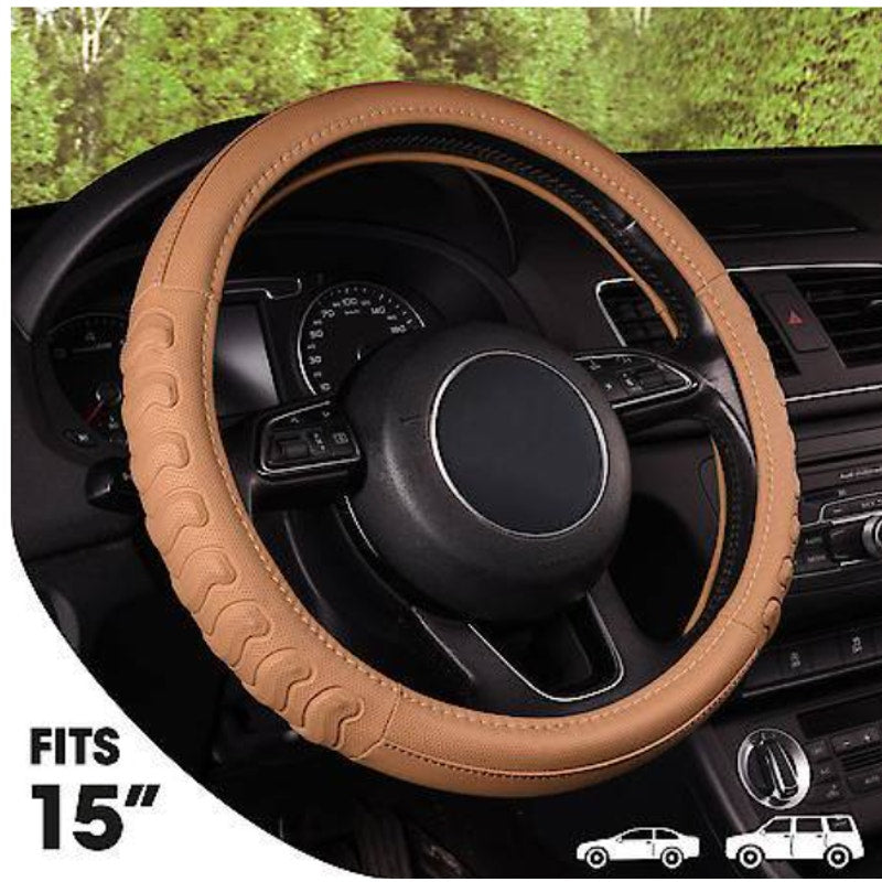 AutoCraft Action Grip Steering Wheel Cover Tan Faux Leather, Fits 14.5" - 15"