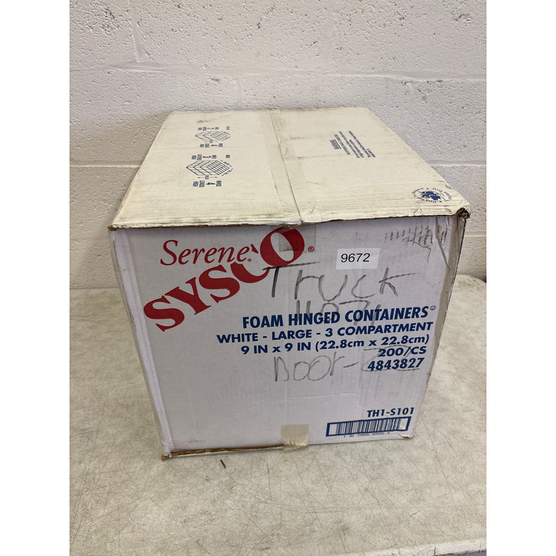 Sysco Foam Hinged Lid Containers White 9" x 9 "x 3", 3-Compartment 200 Pack