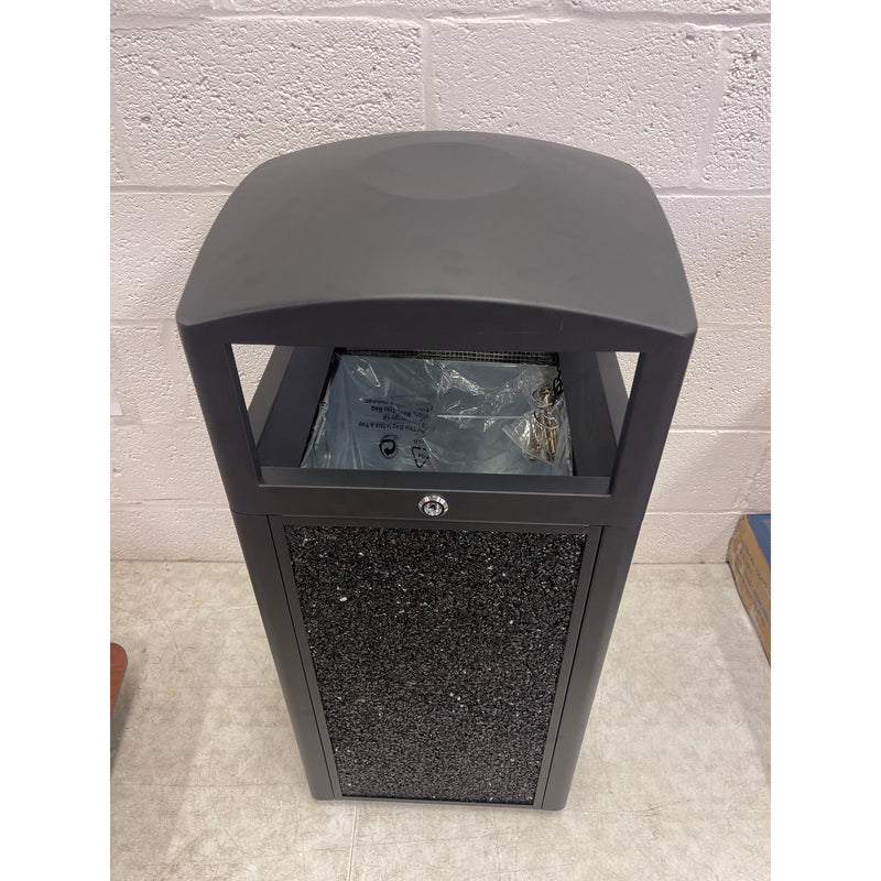 15-Gal Metal Outdoor Commercial Trash Can Bin Locking Lid, Stone Panels, Black