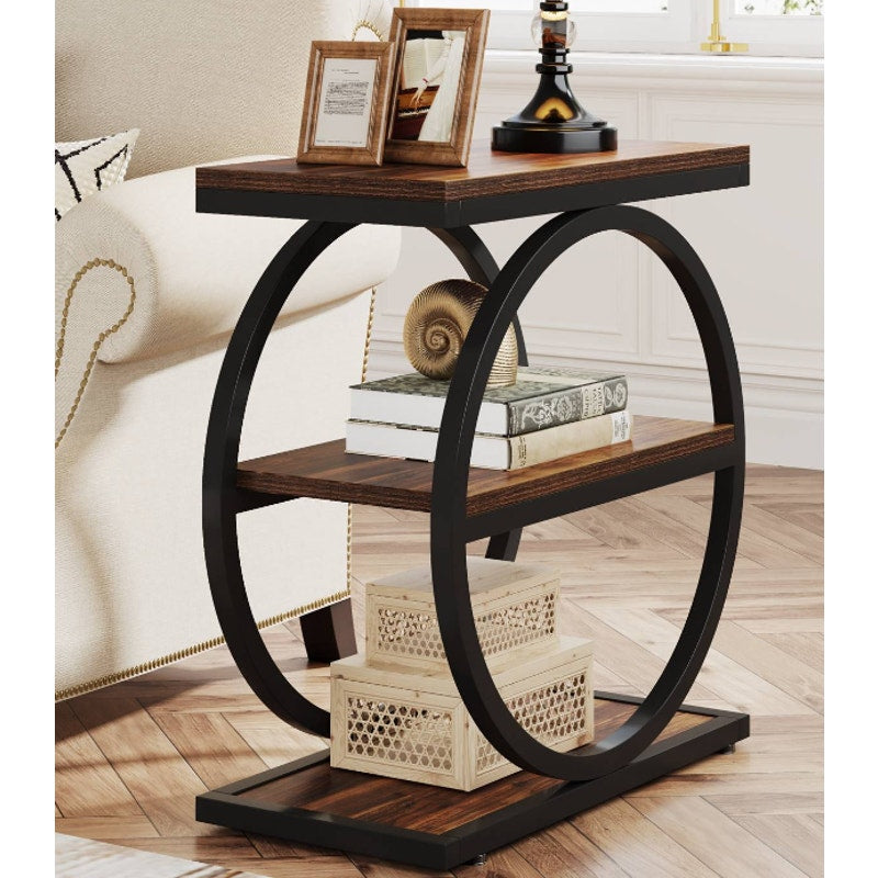 Tribesigns 3-Tier End Table Industrial Sofa Side Table Round Metal Frame Rustic