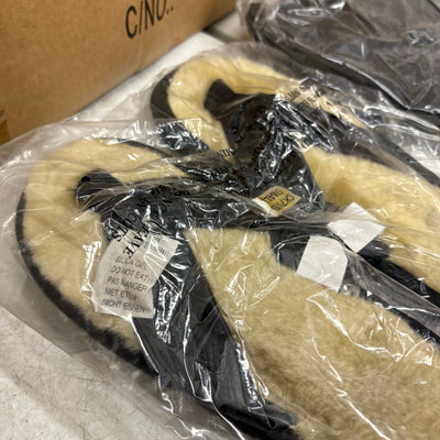 LOT-OF-24 Fireside Flip Flops SMALL, Fur Lining, Rubber Bottom - Black / Tan