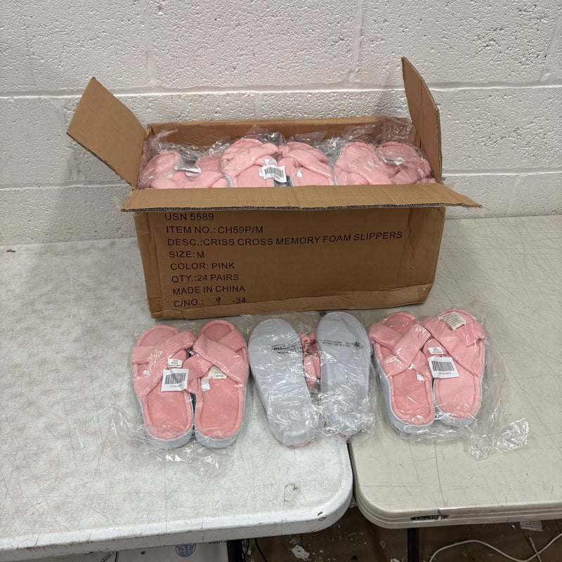 LOT-OF-24 Criss Cross Slippers MEDIUM, Memory Foam, Rubber Bottom - Pink / White