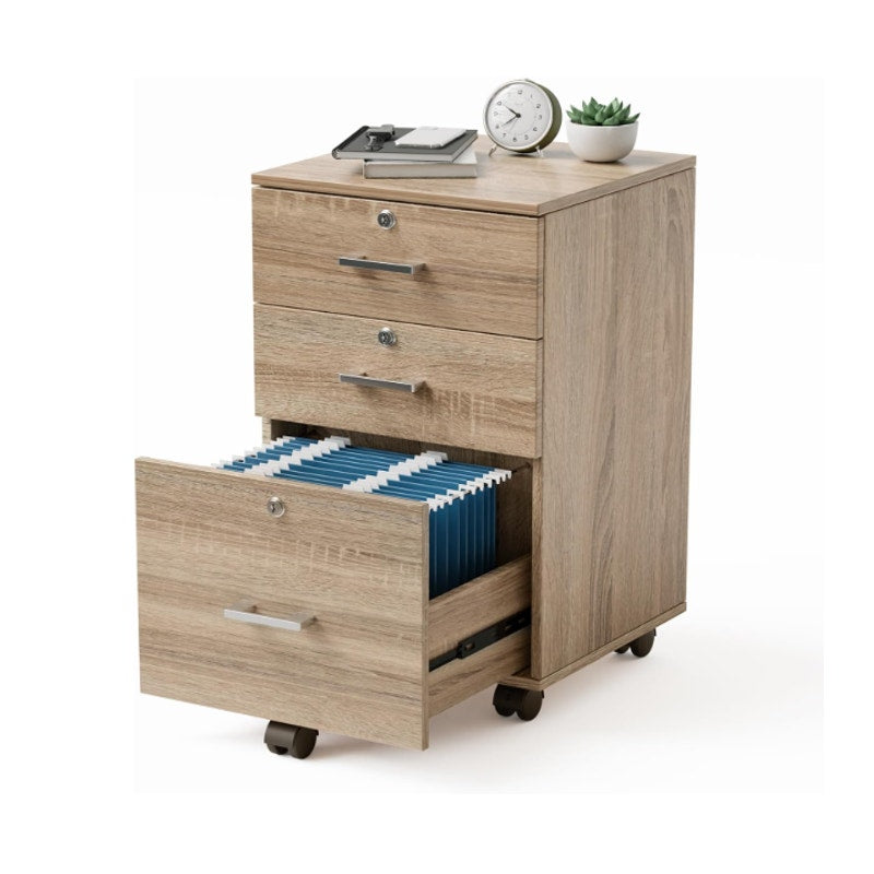 VINGLI 3-Drawer File Cabinet with Lock, 26" H - Wood Rolling Filing Cabinets Oak