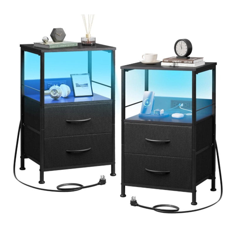 WLIVE Night Stand Set of 2 with Charger Station, Black, 2 Fabric Drawers