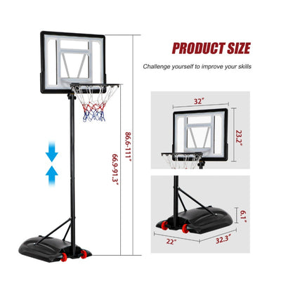 Basketball Hoop 7.2-9.2ft Adjustable, 32" Backboard, Black for Kids Youth Adults