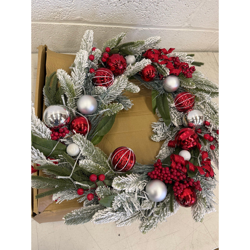 Christmas Wreath with Lights, Red Berries, Ornaments and Pine Branches, 24"