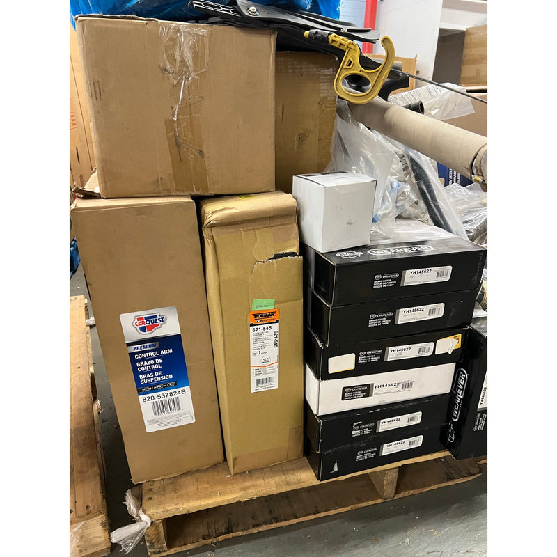 Pallet-of-75+ Pcs Auto Car Parts & Accessories Rotors, Control Arms, Brake Pads