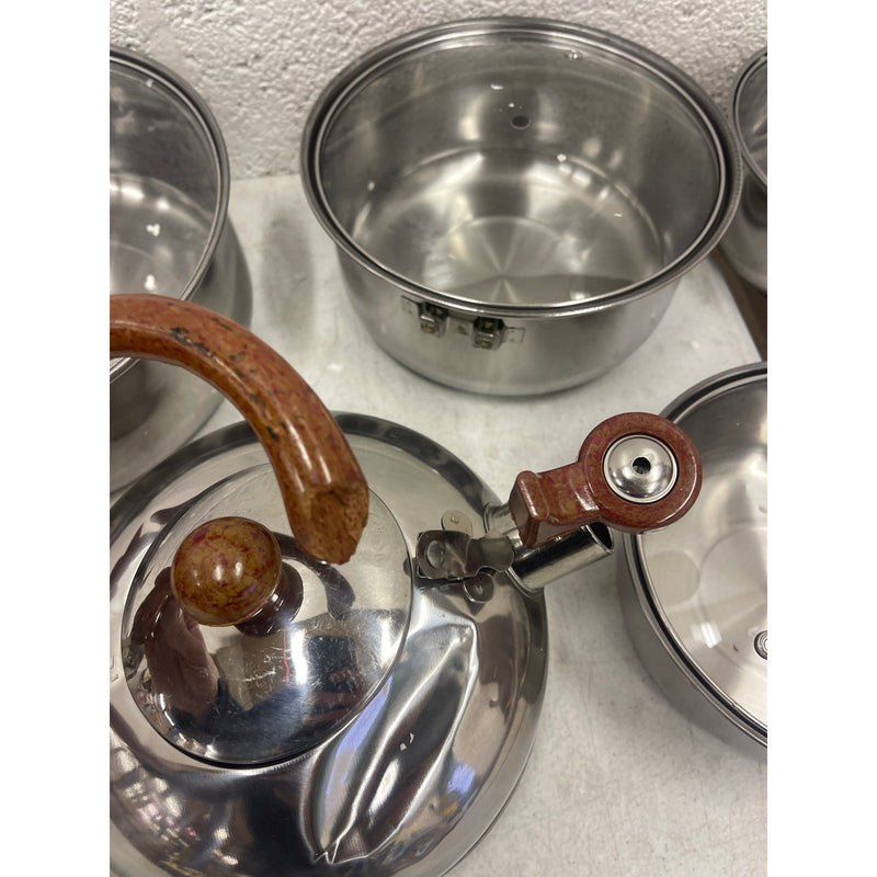 Cookware Set Pots and Pans Tea Kettle Silver w Brown Accents SEE DETAILS