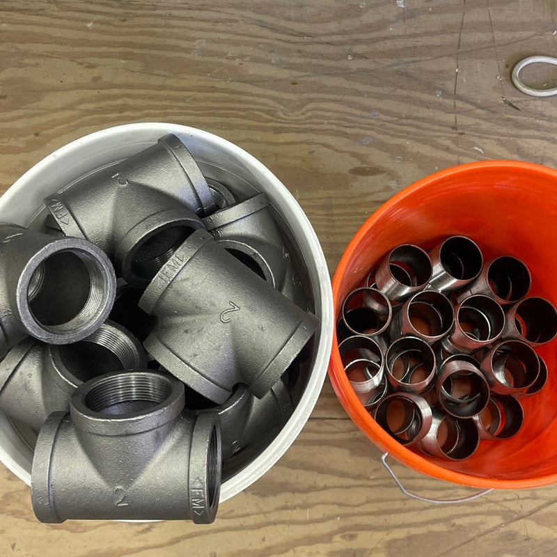 SET-OF-25 2"x2"x2" Black Iron Tee and SET-OF-38 2" Close Stainless Steel Nipple