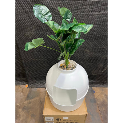 Hawsaiy Hidden Cat Litter Box Enclosure w 40" Faux Plant & Real Stones, White