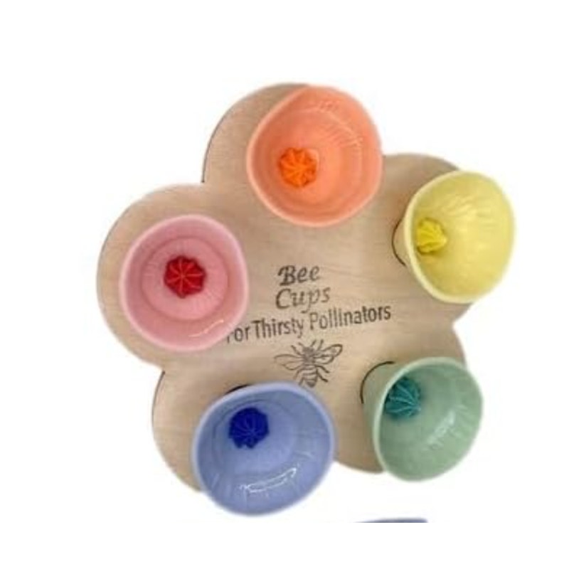Bee Cups Pollinator Feeder Set, 5 Colorful Resin Water Cups with Feeding Tool