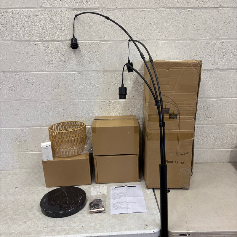 80" Floor Lamp Boho w Rotary Switch, 3 Lights Arc Lamp w Wicker Shade - Black