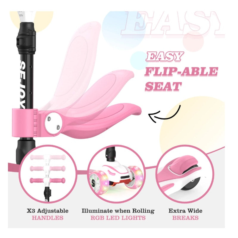 Sejoy Kids Kick Scooter 3-Wheel Light Up Foldable, Adjustable Seat - Pink
