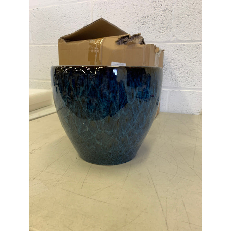 Maceta de cerámica redonda de 25 x 25 x 21 cm para plantas de interior, color azul brillante
