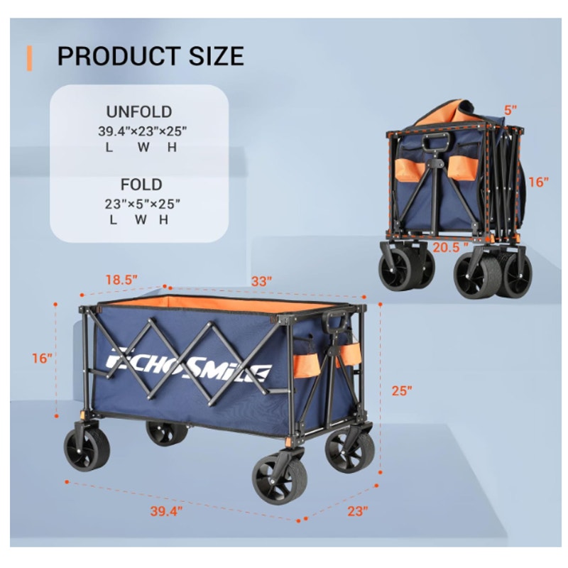 EchoSmile Collapsible Folding Wagon Cart 360lbs All Terrain Wheels Blue Orange