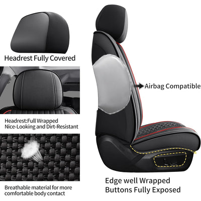 Chezope Full Set Leather Seat Covers Universal Fit for Most Vehicles - Black/Red