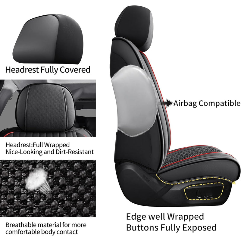 Chezope Full Set Leather Seat Covers Universal Fit for Most Vehicles - Black/Red