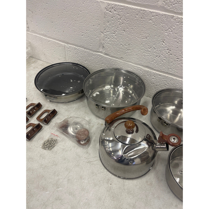 Cookware Set Pots and Pans Tea Kettle Silver w Brown Accents SEE DETAILS