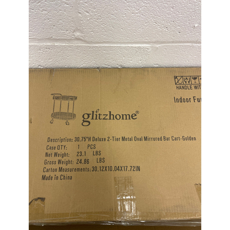 Glitzhome Rolling Kitchen Cart, Gold Metal Base w Glass Top 17" x 27" x 30"