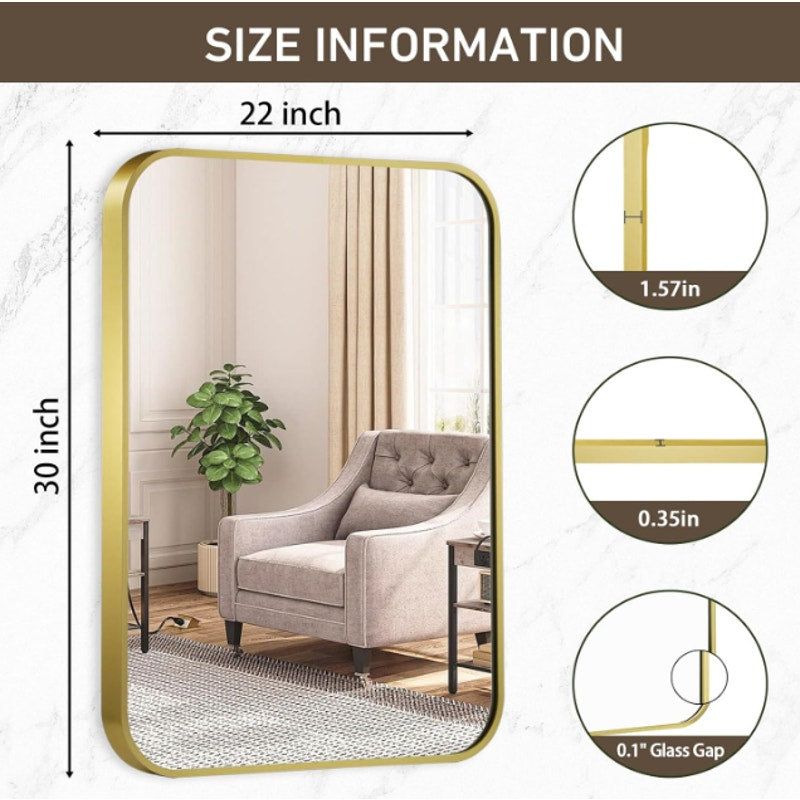 CLBA Matte Gold Mirror 22x30" Rounded Rectangle Aluminum Alloy Framed Vanity