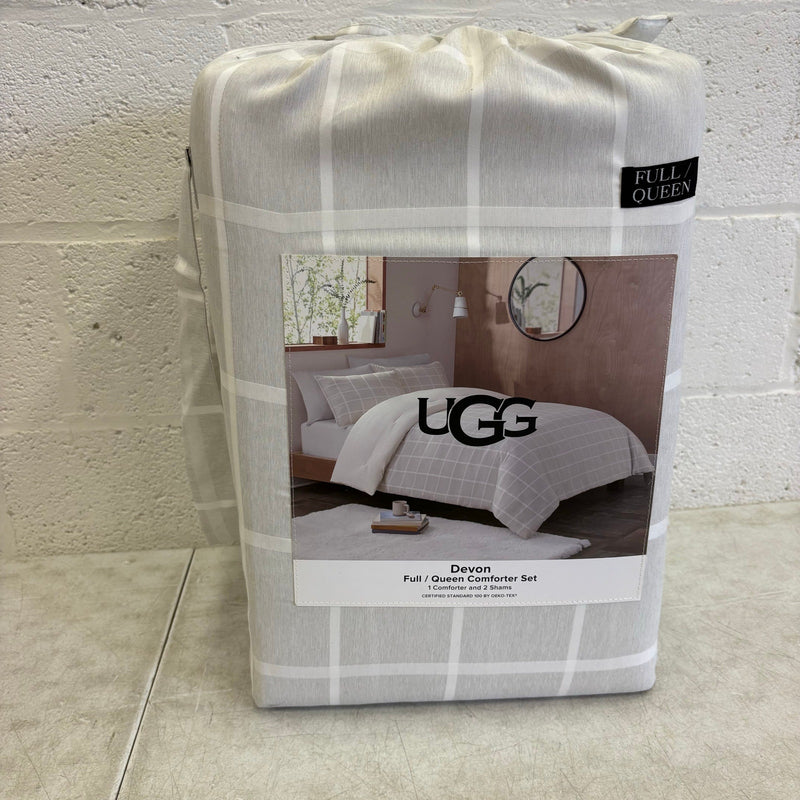 UGG Devon Queen Comforter Set w 2 Shams, Soft Bedding, Square Design - Gray
